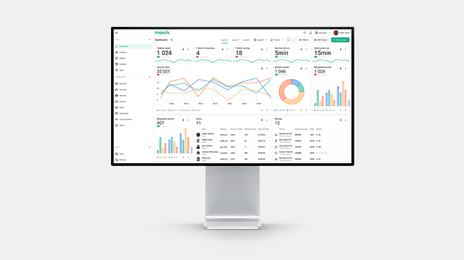 Business team analyzing queue management insights and optimizing customer flow