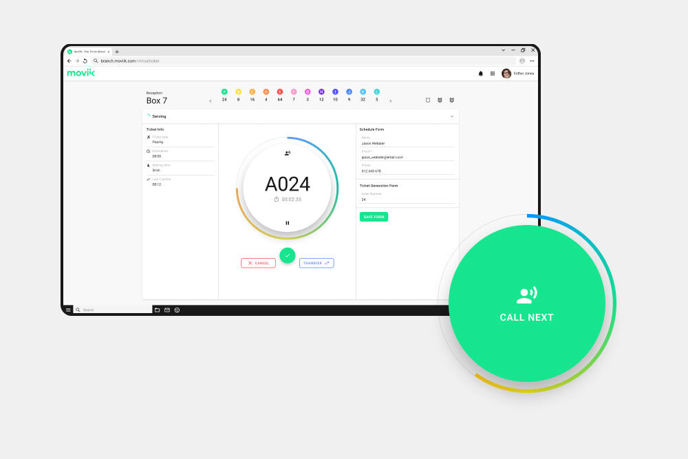 Staff screen showing the next customer being called and service started with a single click. Staff screen showing the next customer being called and service started with a single click.
