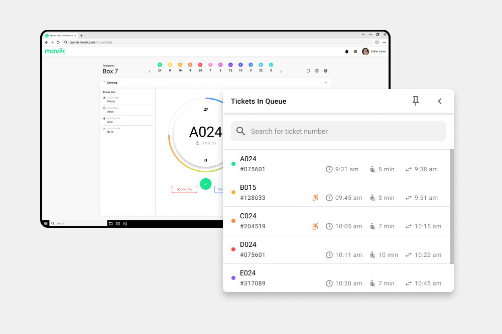 Interface showing a ticket being transferred from one staff member or service to another. Interface showing a ticket being transferred from one staff member or service to another.