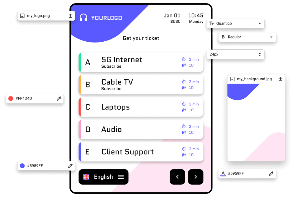 From ticket layout to kiosk screen, every element can be tailored to your brand and service flow. From ticket layout to kiosk screen, every element can be tailored to your brand and service flow.