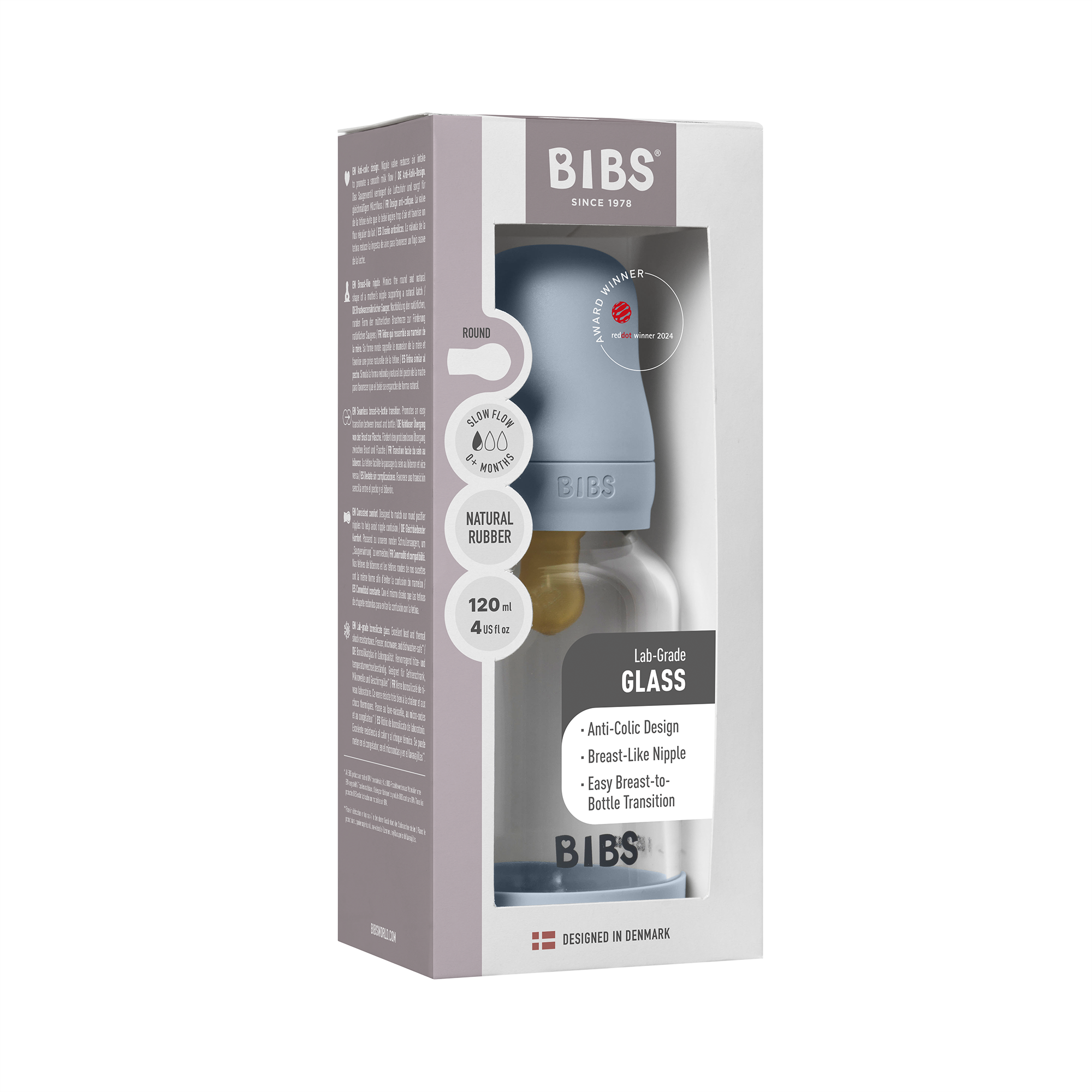 Bibs Glass Baby Bottle Round Latex 1 pack 120ml Slow Flow  Baby Blue