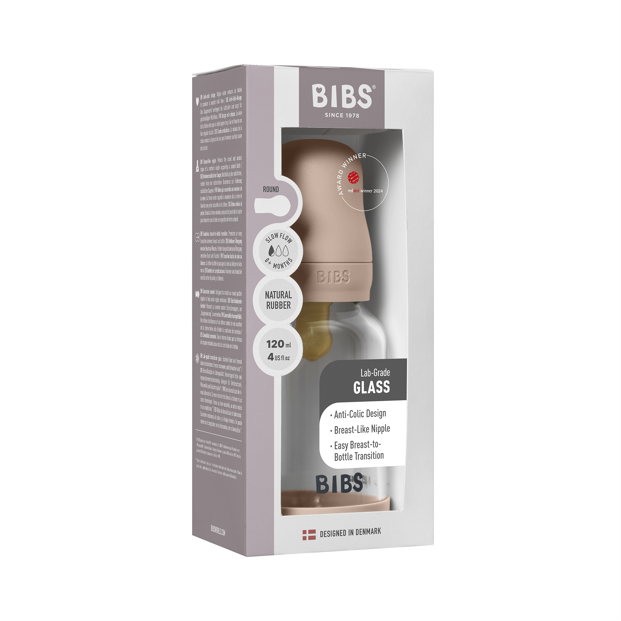 Bibs Glass Baby Bottle Round Latex 1 pack 120ml Slow Flow Blush