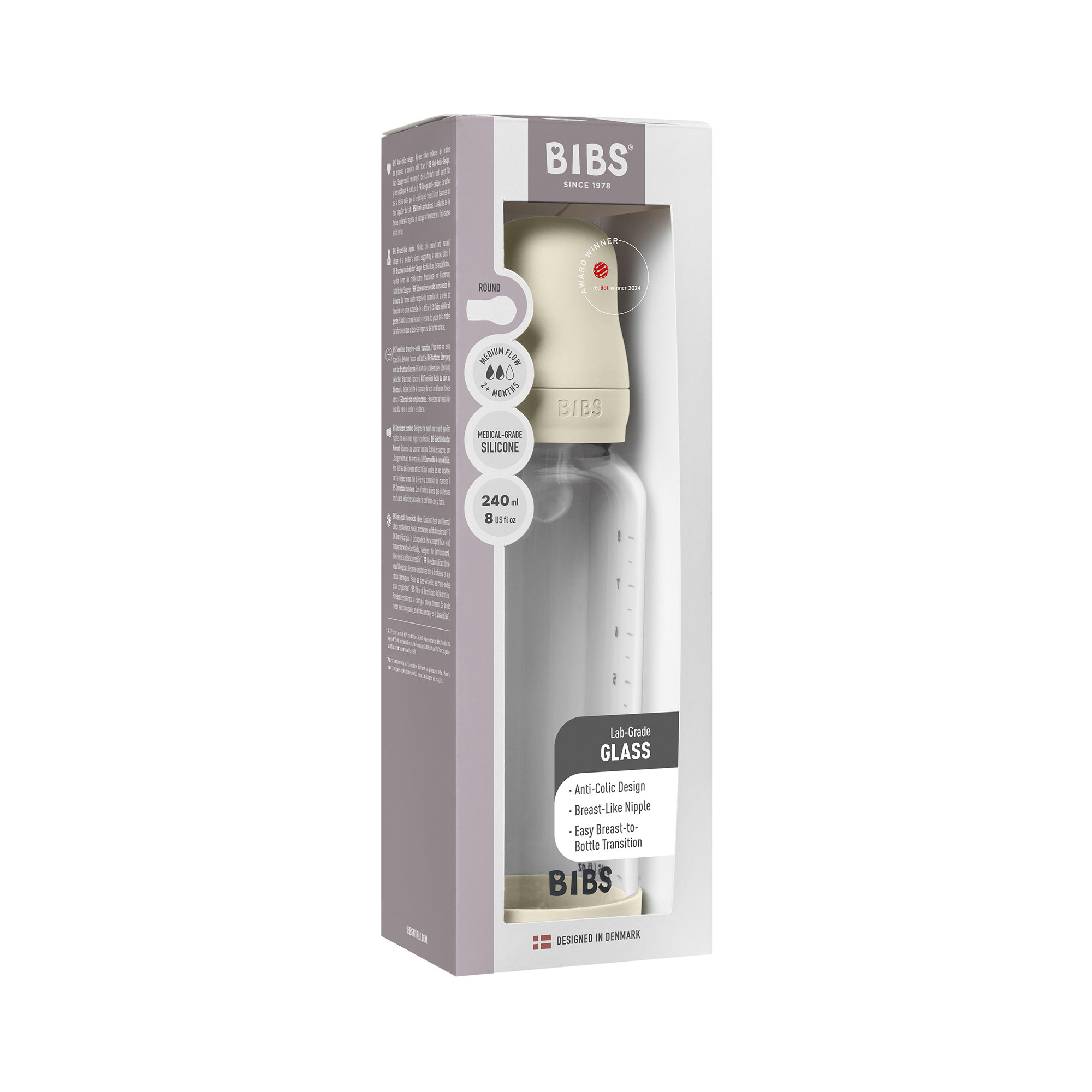 Bibs Baby Glass Bottle Round Silicone 1 pack 240ml Medium Flow Ivory Bibs Baby Glass Bottle Round Silicone 1 pack 240ml Medium Flow Ivory