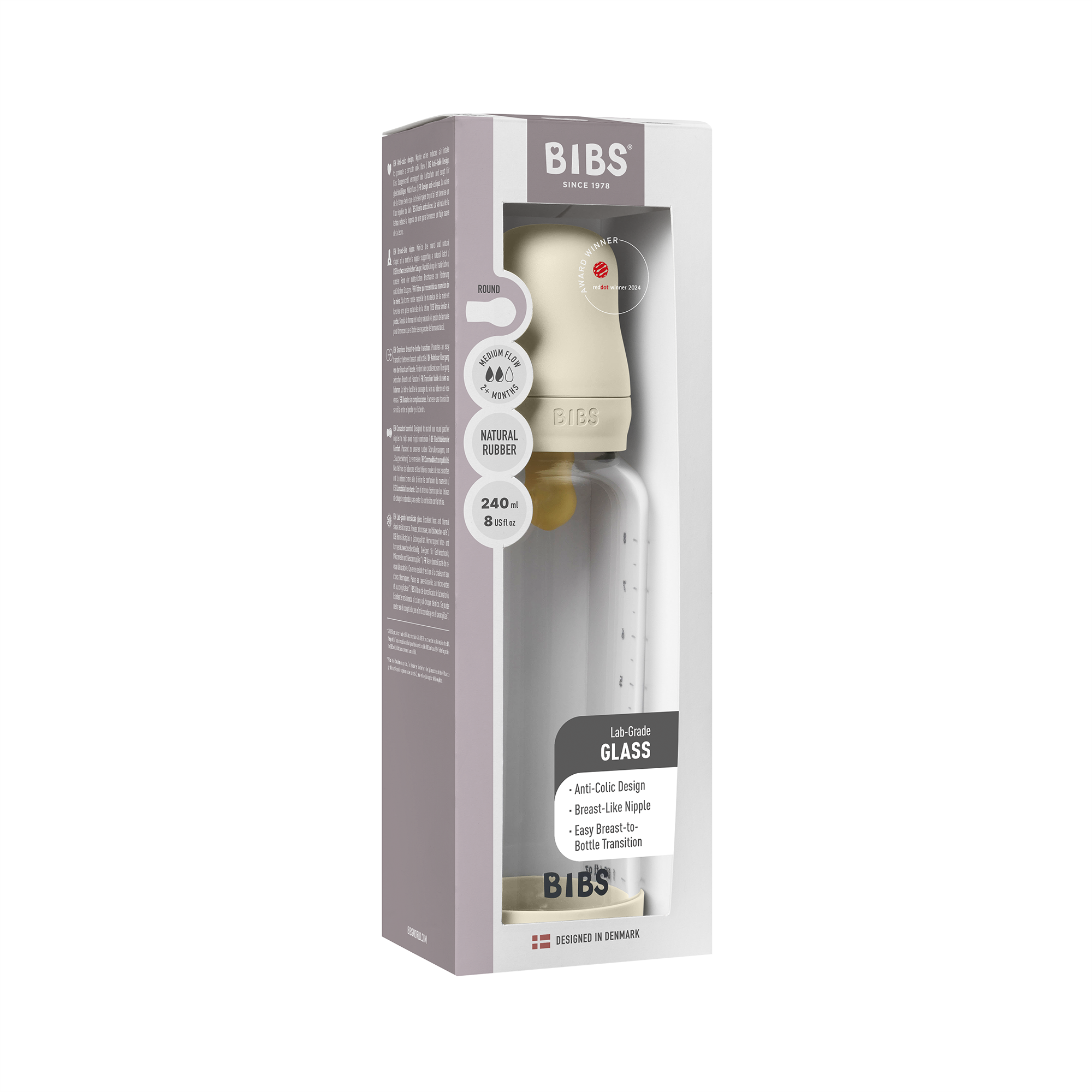 Bibs Baby Glass Bottle Round Latex 1 pack 240ml Medium Flow Ivory Bibs Baby Glass Bottle Round Latex 1 pack 240ml Medium Flow Ivory