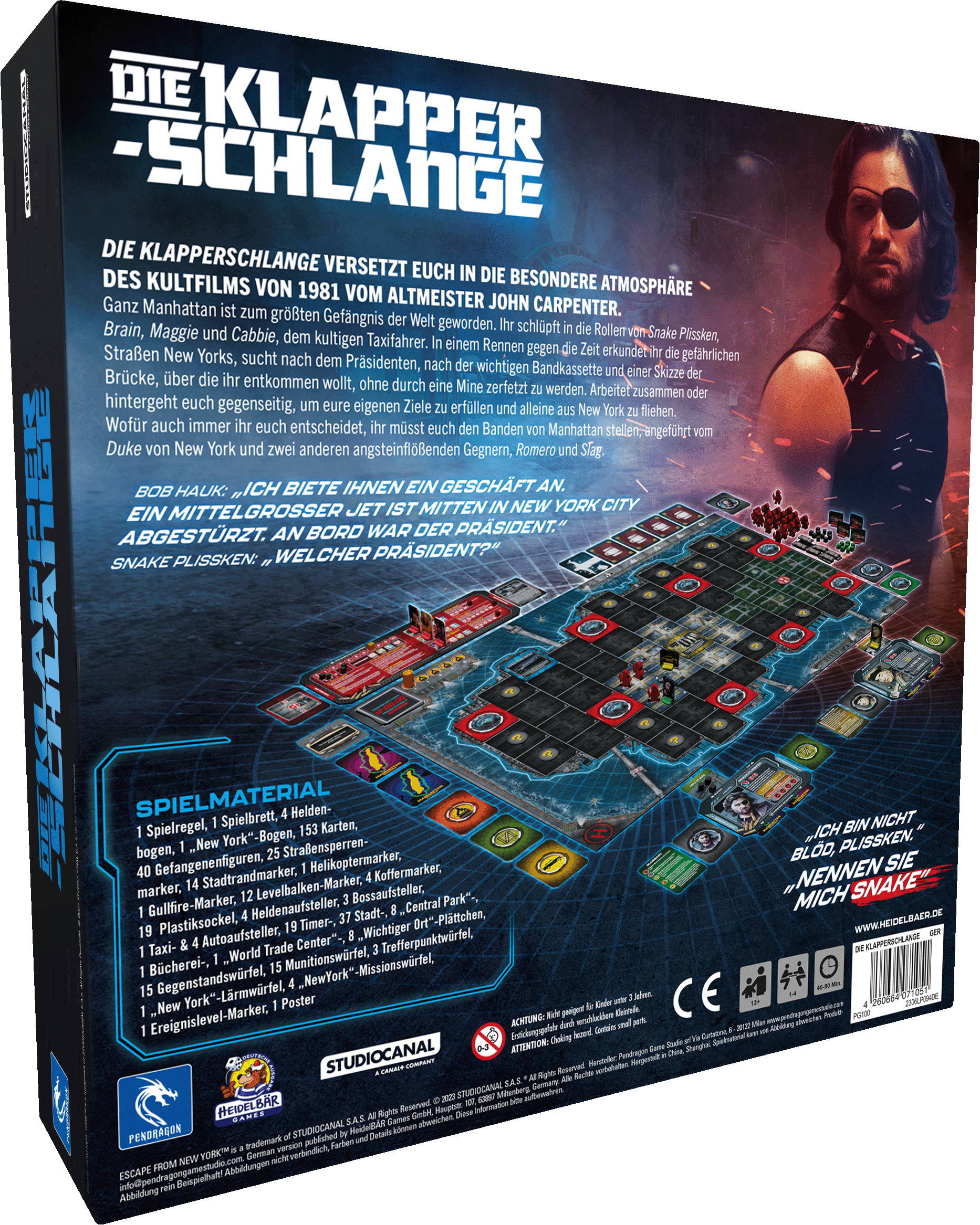 Die Klapperschlange (Escape from New York) Brettspiel Boxrückseite Die Klapperschlange (Escape from New York) Brettspiel Boxrückseite