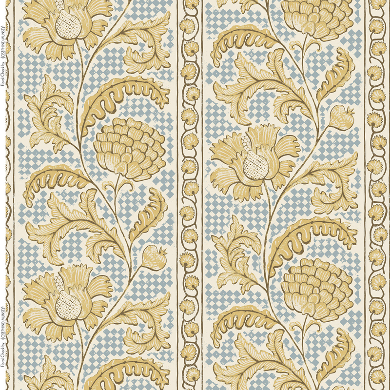 Floral Check Heavy Linen Fabric - Yellow and Blue