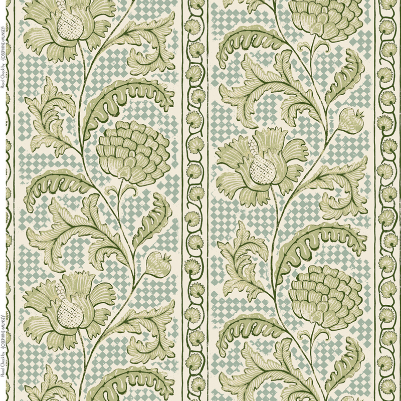 Floral Check Heavy Linen Fabric - Blue and Green