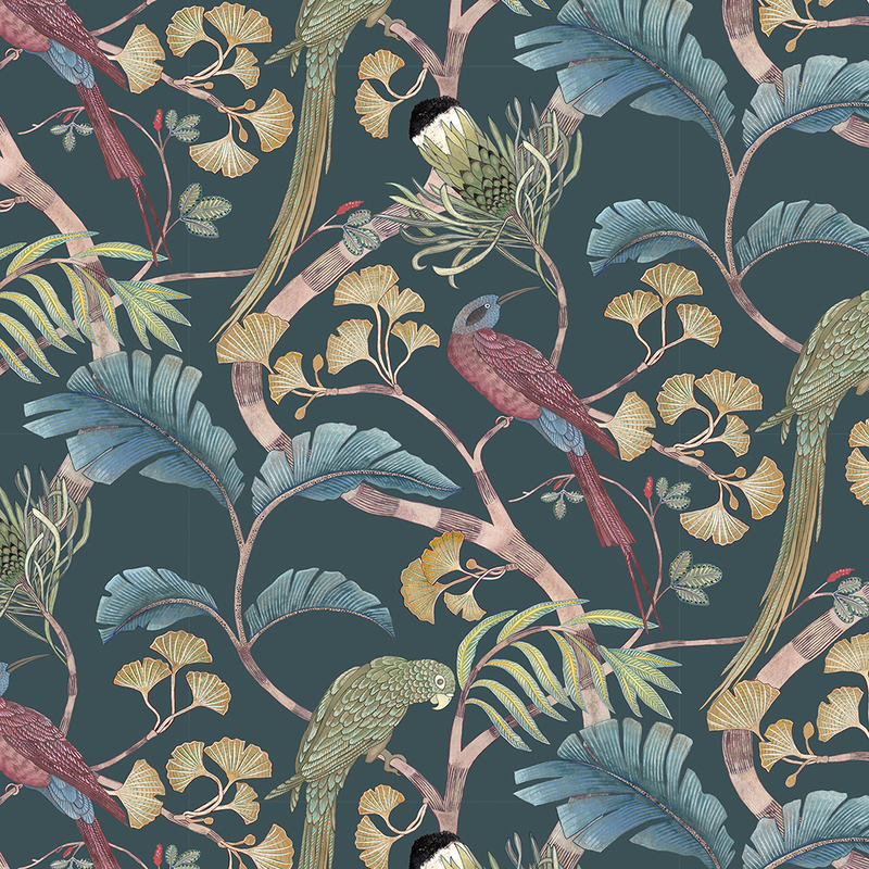 Living Branches Wallpaper - Dark Teal, Yellow and Olive
