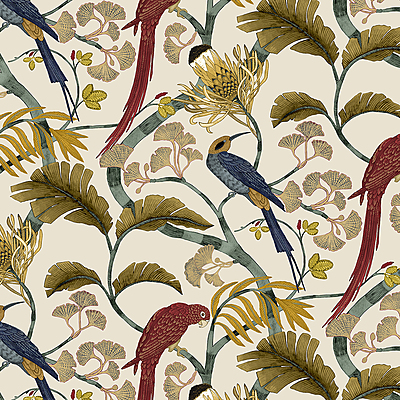 Living Branches Wallpaper - Red, Turquoise and Ecru Living Branches Wallpaper - Red, Turquoise and Ecru