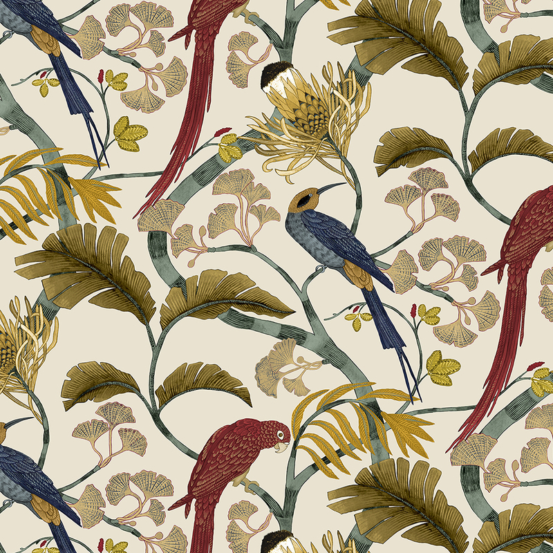Living Branches Wallpaper - Red, Turquoise and Ecru Living Branches Wallpaper - Red, Turquoise and Ecru