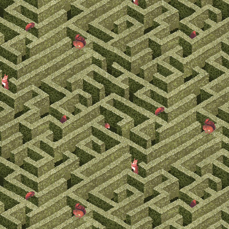 Labyrinth with Squirrels Wallpaper - Olive