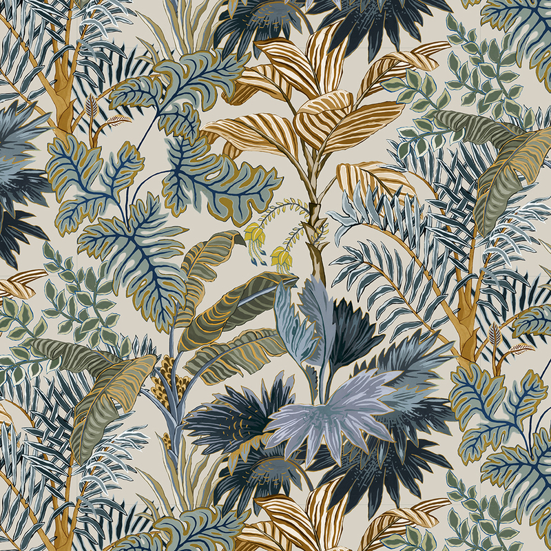Palm Grove Wallpaper - Ecru and Blue
