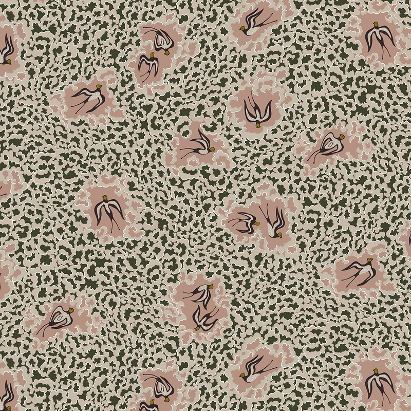 Bea's Swallows Wallpaper - Chaingate Green and Ham Pink