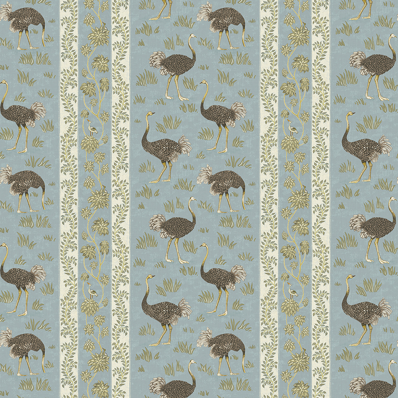 Ostrich Stripe Wallpaper - Mid Blue and White Ostrich Stripe Wallpaper - Mid Blue and White