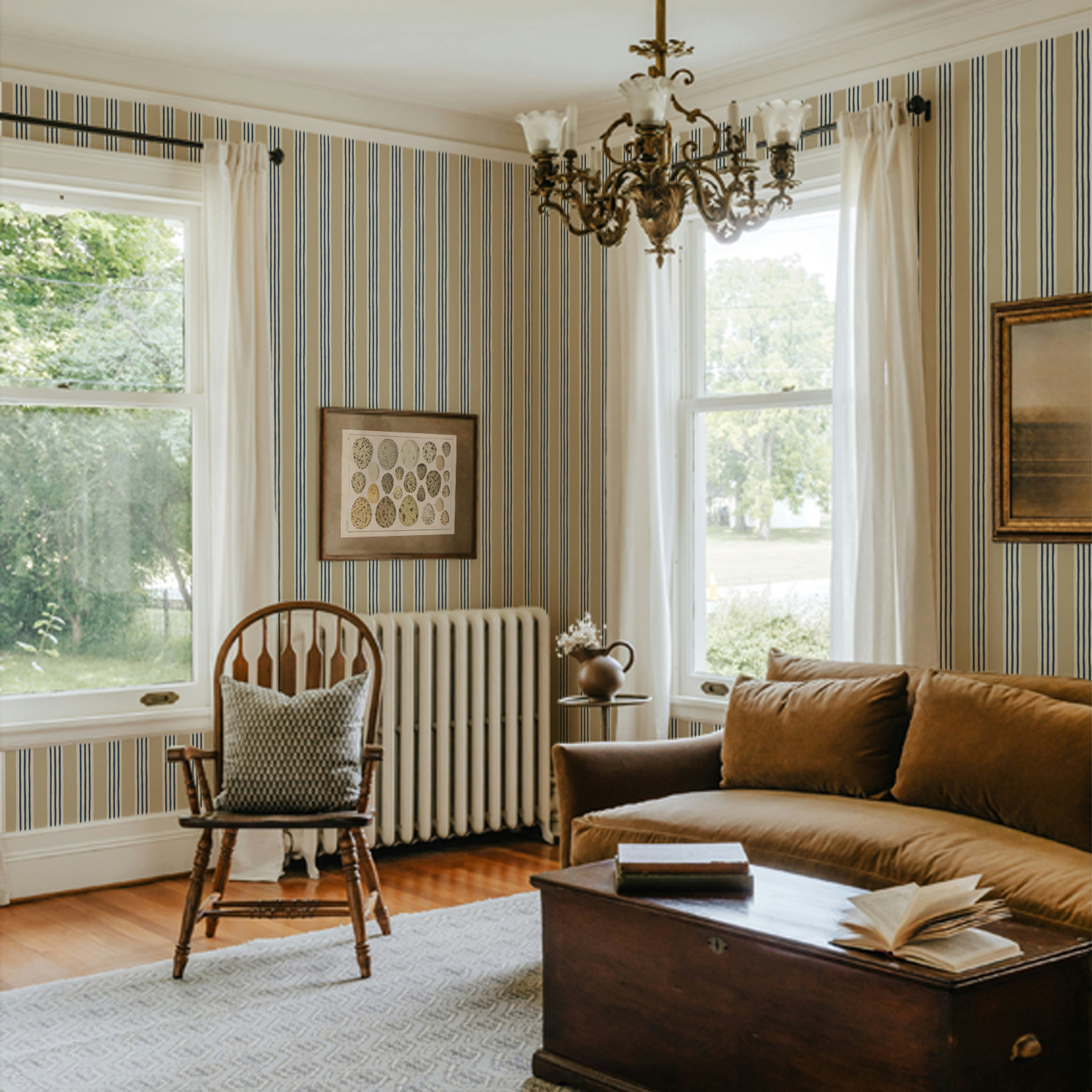 Kemble Stripe - Chute Blue, Shell and Cliffwell Stone - Wallpaper