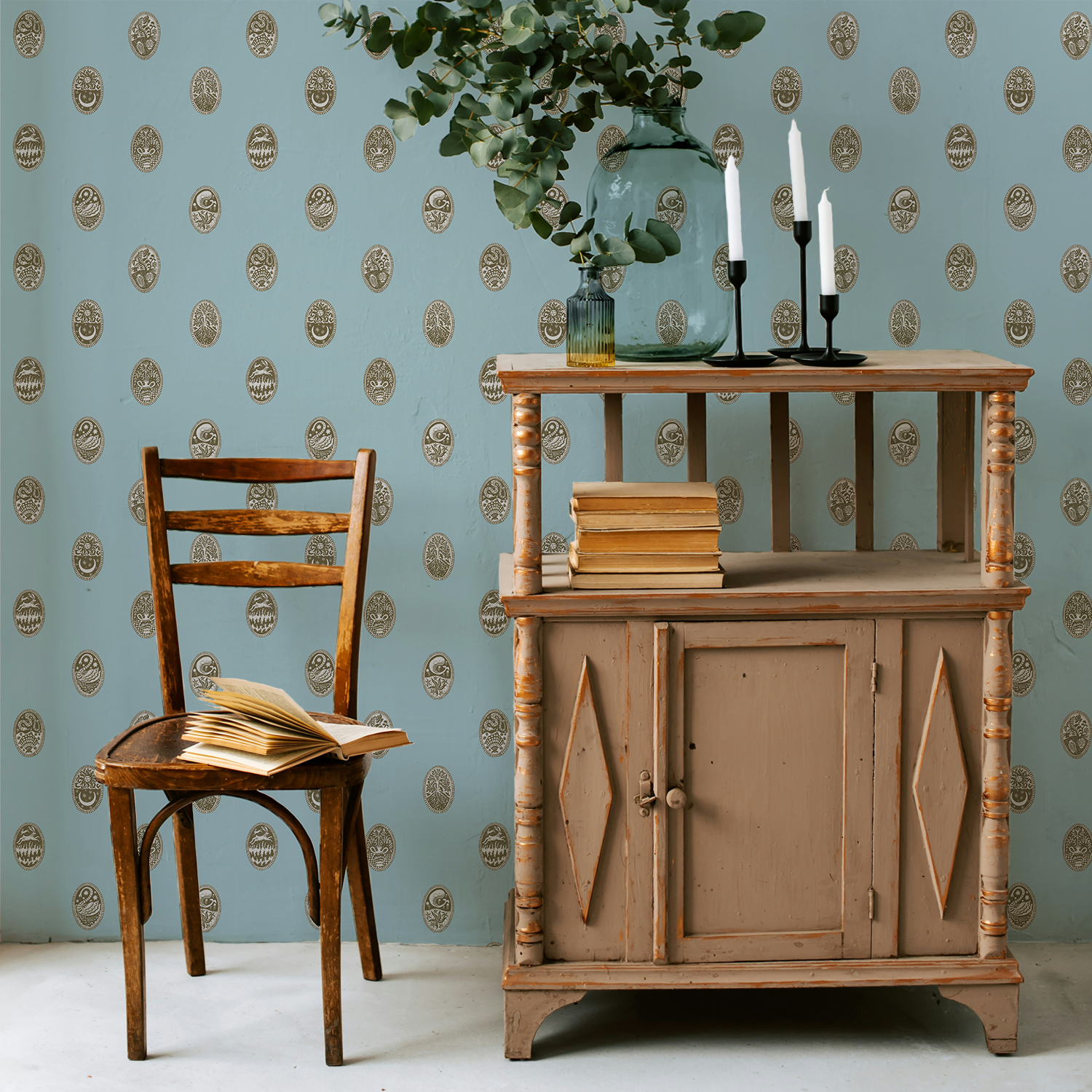 Linear Cameos - Cobber Spruce and Dew - Wallpaper