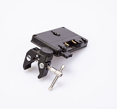 S-7200A | Gold-mount battery plate with clamp for tripod mount, and D-tap socket. S-7200A | Gold-mount battery plate with clamp for tripod mount, and D-tap socket.