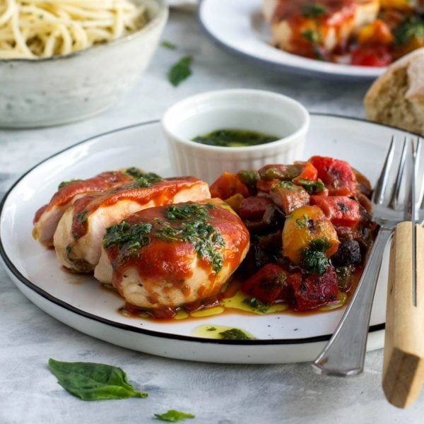 Chargrilled Chicken with Roasted Vegetables, Tomato And Basil Oil Chargrilled Chicken with Roasted Vegetables, Tomato And Basil Oil