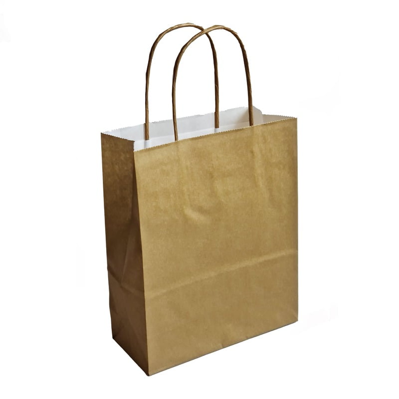 papieren tassen, gedraaid handvat, 18x8x22 cm, wit kraft, 90 grs, goud papieren tassen, gedraaid handvat, 18x8x22 cm, wit kraft, 90 grs, goud
