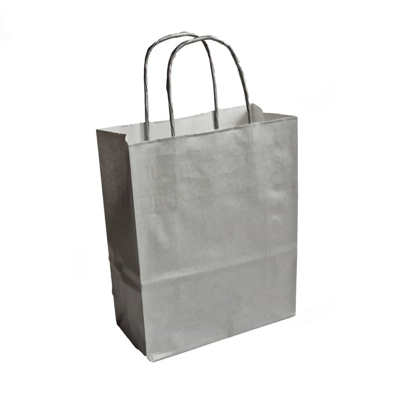 papieren tassen, gedraaid handvat, 18x8x22 cm, wit kraft, 90 grs, zilver papieren tassen, gedraaid handvat, 18x8x22 cm, wit kraft, 90 grs, zilver
