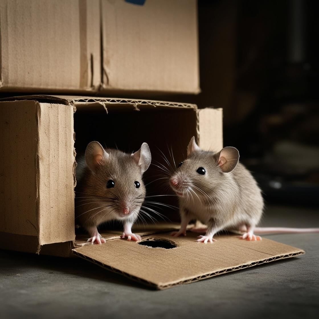 Deux mulots devant un carton dans un garage Deux mulots devant un carton dans un garage